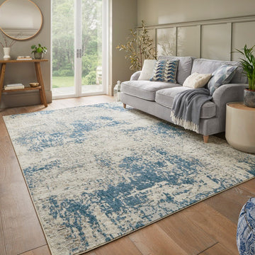 Rossa ROS03 Modern Abstract Distressed Durable Easy-Care Ribbed Textured Low Profile Short Pile Ivory/Blue Rug-Concept Looms-Rug Love - The Most Loved Rug Store